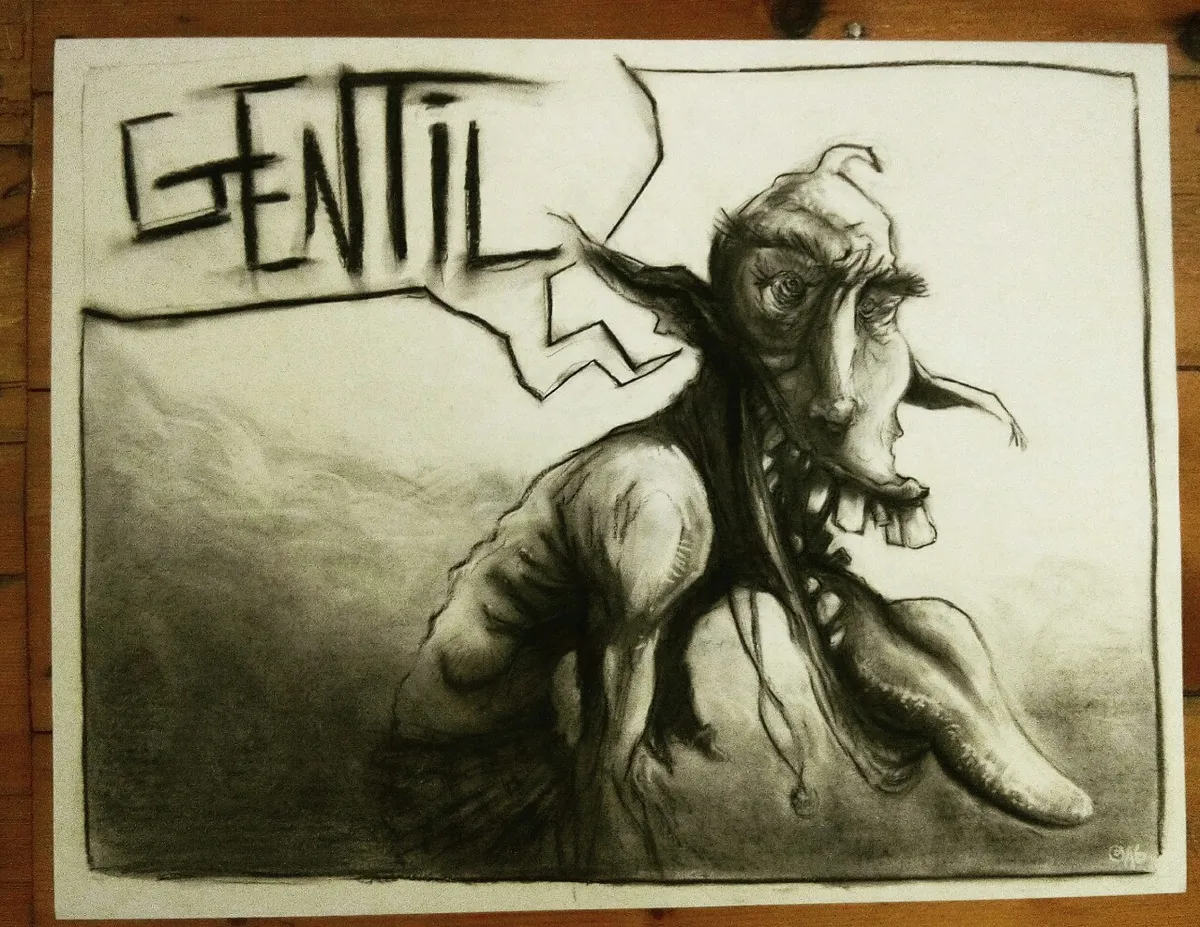 Un goblin torse nue et de profil avec une grosse tête crit gentil en tirant la langue