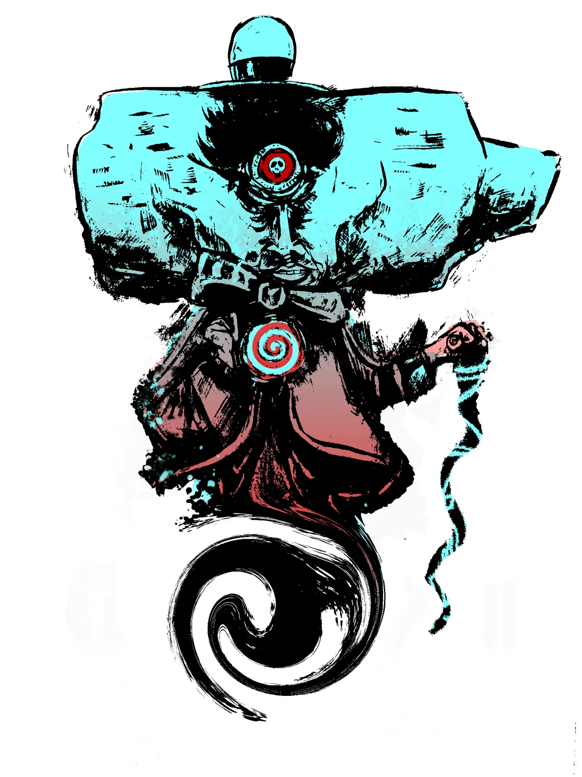 Tête d'enclume cylcope et smart tenant une canne avec un chapeau melon et dont le corps se termine en troubillon