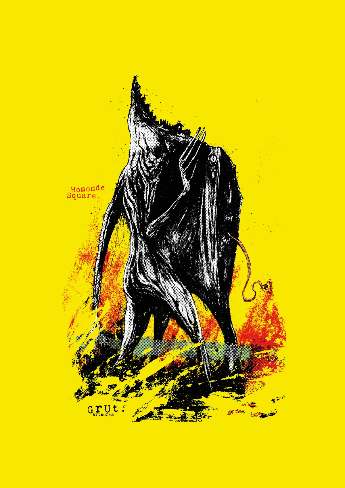 Homonde avec une grande tête plate qui marche le bras droit levé