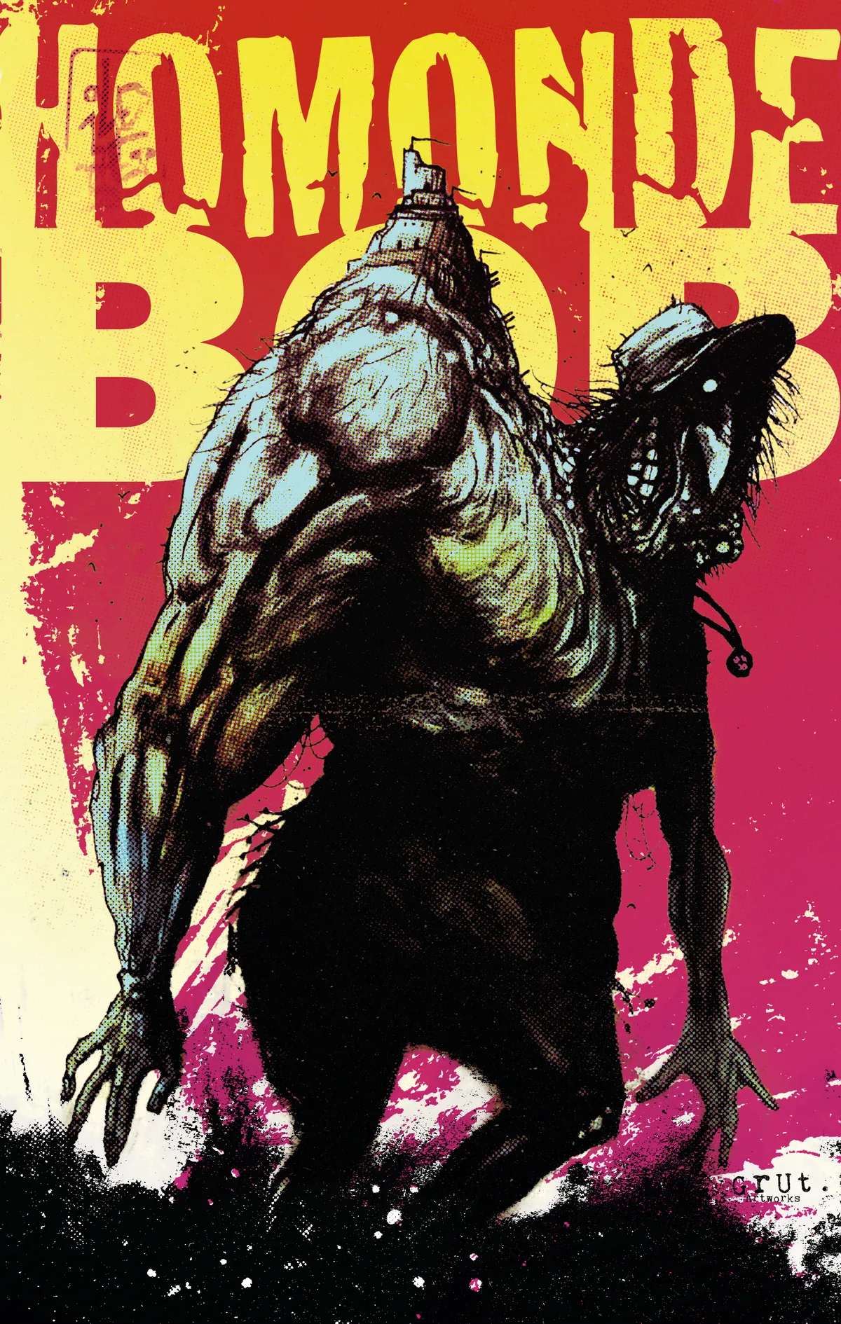 Géant avec un bob portant une petite ville sur son dos