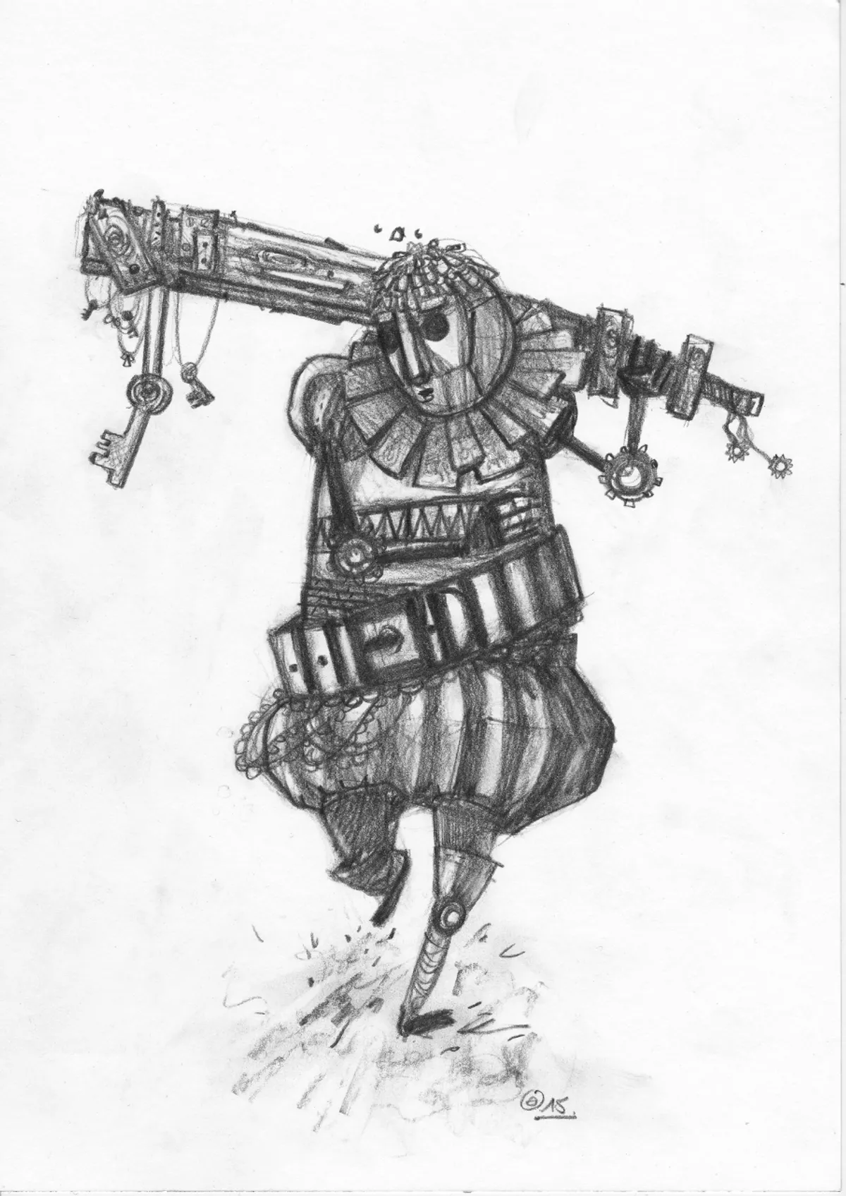 Un pantin en bois habillé renaissance marche en tenant dans sa main gauche un sabre en bois décoré de multiples clefs