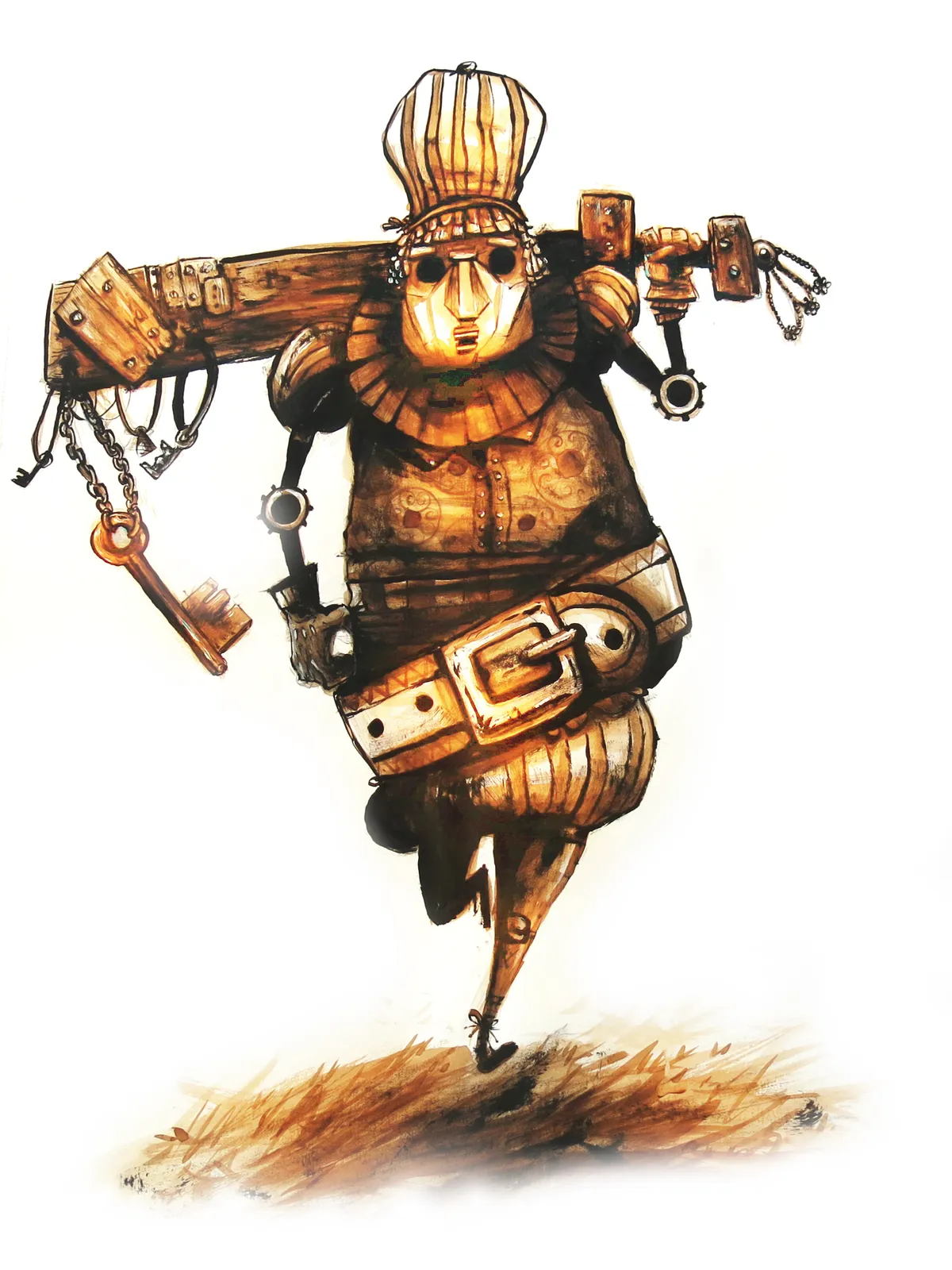 Un pantin en bois habillé renaissance marche en tenant dans sa main gauche un sabre en bois décoré de multiples décoration et d'un drapeau