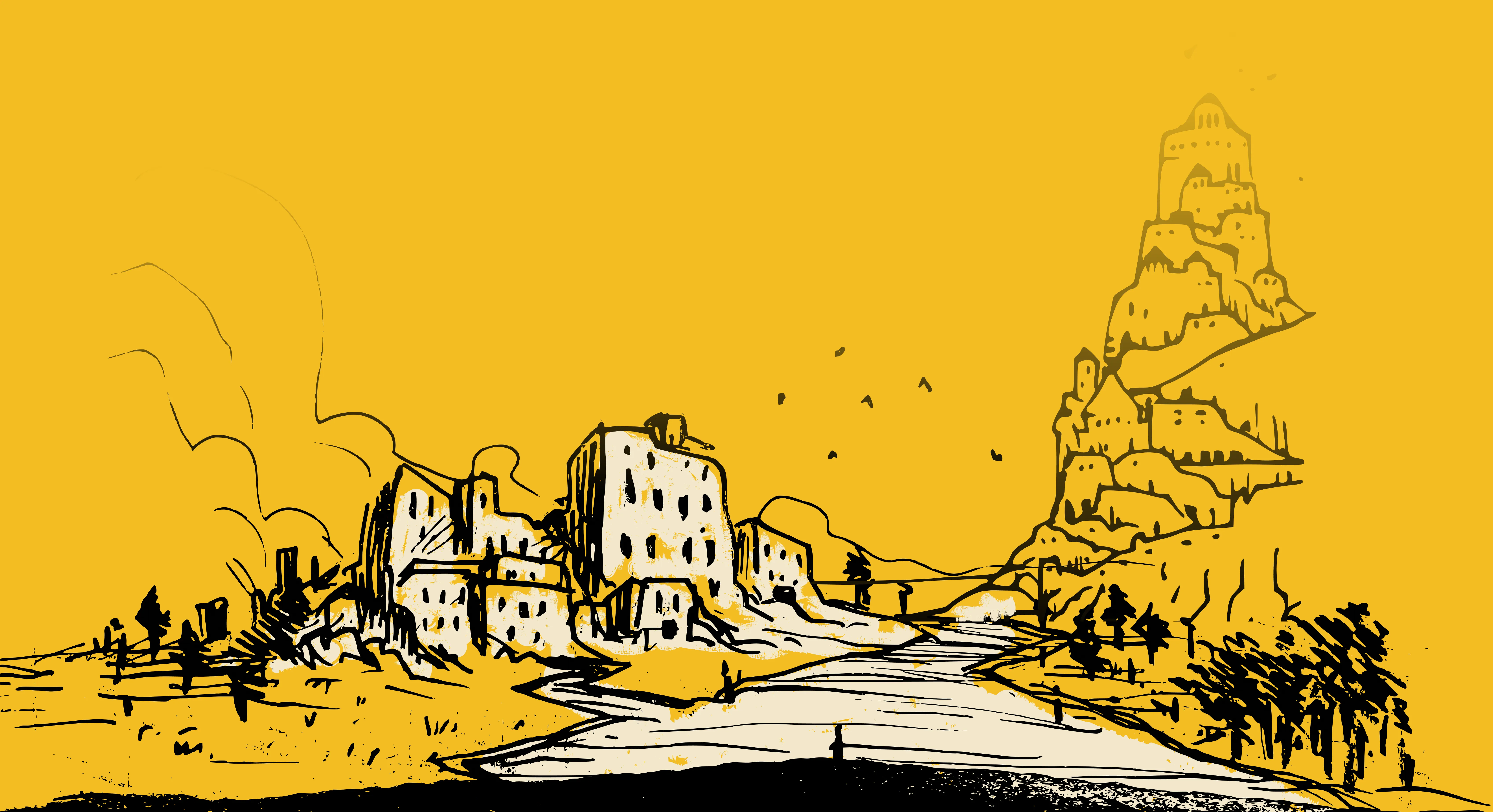 Maison route et ville sur une montagne au loin